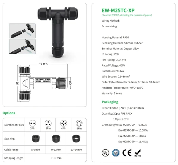 Đầu nối dây chống nước EW-M25TC IP68 2pin/3pin
