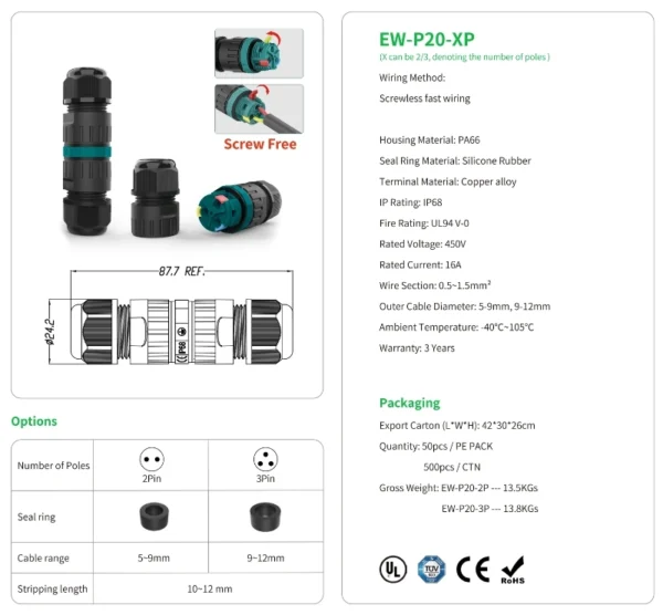 Đầu nối dây chống nước EW-P20 IP68