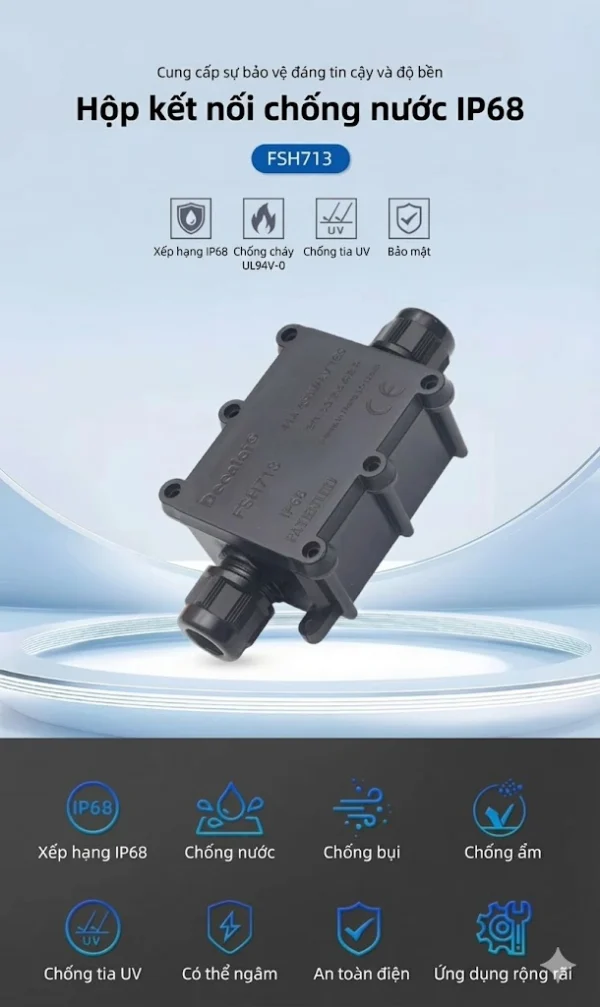 Hộp nối FSH713 2 đầu IP68 – Vít inox 304, 450V/24A, chống nước