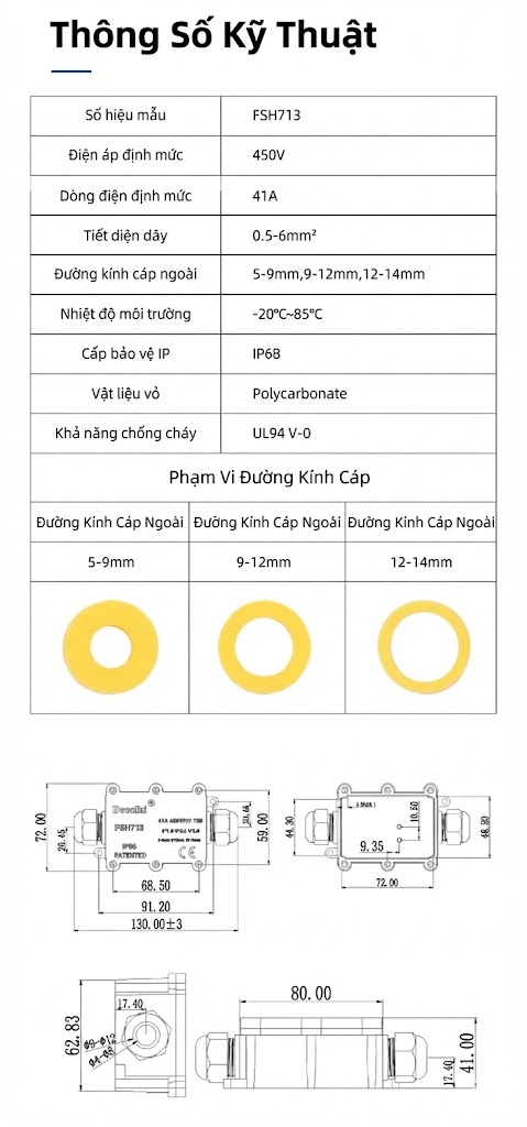 Hộp nối FSH713 2 đầu IP68 – Vít inox 304, 450V/24A, chống nước