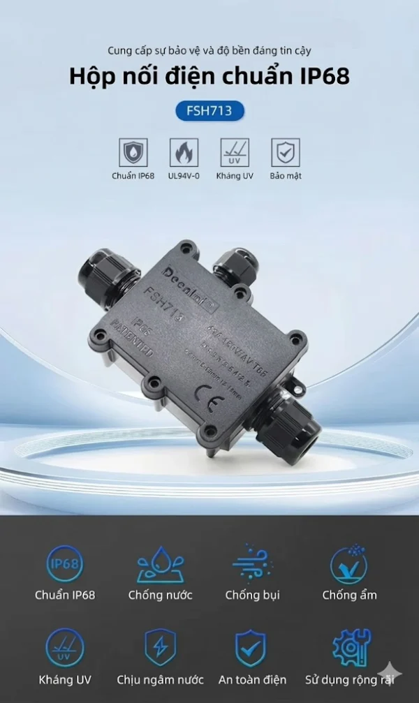 Hộp nối FSH713 3 đầu IP68 – Vít inox 304, chống nước, 450V/24A