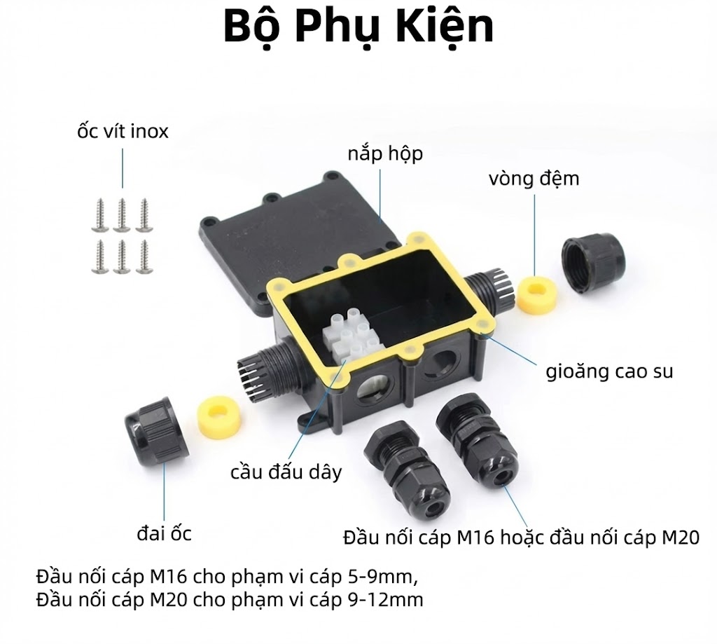 Hộp nối FSH713 4 đầu IP68 – Vít inox 304, chống nước, 450V/24A