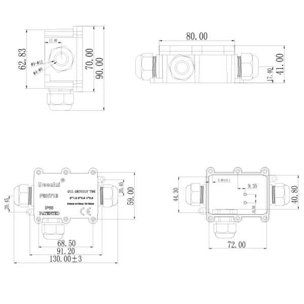 Hộp nối FSH713 3 đầu IP68 – Vít inox 304, chống nước, 450V/24A