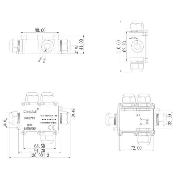 Hộp nối FSH713 5 đầu IP68 – Vít inox 304, chống nước, 450V/24A