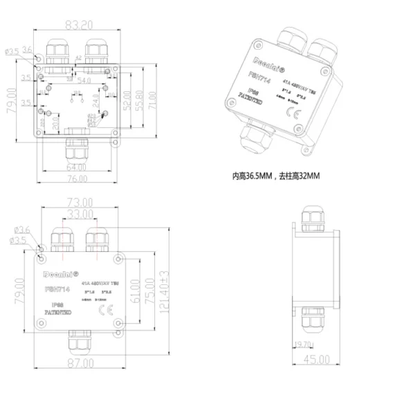 Hộp nối FSH714 (3-cổng) IP68 – Vít inox 304, hỗ trợ PG7, PG9, M20