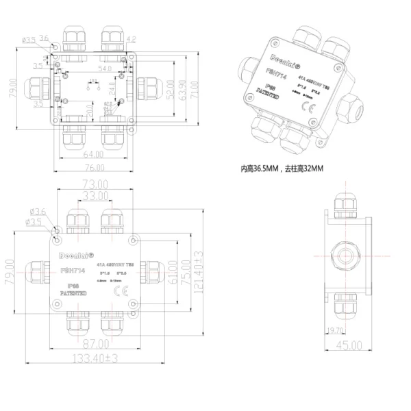 Bản vẽ hộp nối điện 6 cổng FSH714 IP68