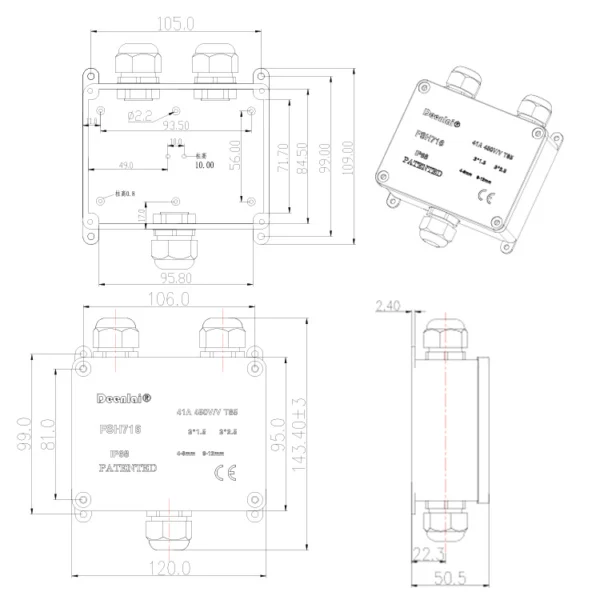 Bản vẽ kỹ thuật hộp nối điện FSH716 3 cổng IP68