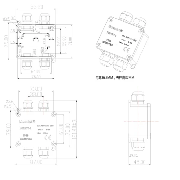 Hộp nối FSH714 (4-cổng) IP68 – Vít inox 304, hỗ trợ PG7, PG9, M20