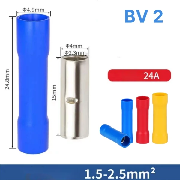Đầu cos BV 2 nối thẳng bằng đồng bọc nhựa nối dây điện 1.5 ~ 2.5 mm²
