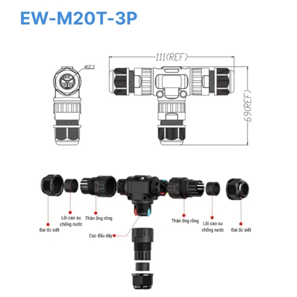 Đầu nối chống nước 3 đầu chữ T EW-M20T-3P, 3 PIN chuẩn IP68 dùng cho dây 8-12mm