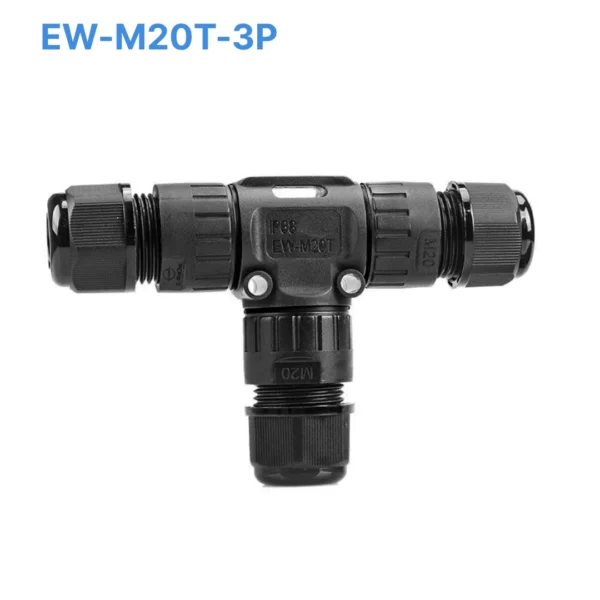 Đầu nối chống nước 3 đầu chữ T EW-M20T-3P, 3 PIN chuẩn IP68 dùng cho dây 8-12mm