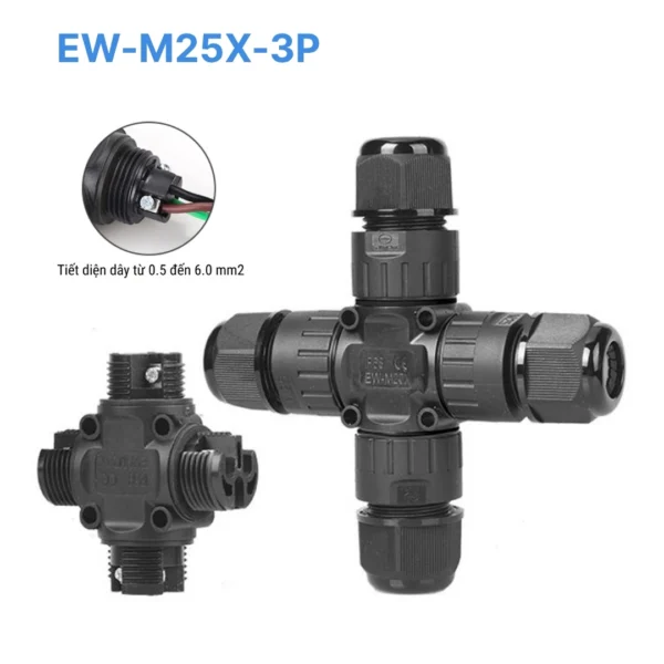 Đầu nối chống nước chữ X EW-M25X-3P, 3 PIN chuẩn IP68 dùng cho dây 9-12mm