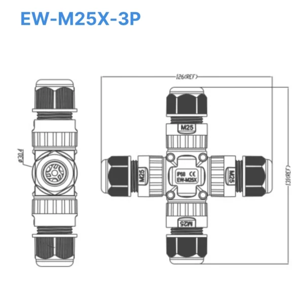 Đầu nối chống nước chữ X EW-M25X-3P, 3 PIN chuẩn IP68 dùng cho dây 9-12mm