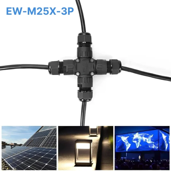 Đầu nối chống nước chữ X EW-M25X-3P, 3 PIN chuẩn IP68 dùng cho dây 9-12mm
