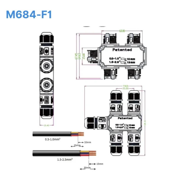 Đầu nối chữ T chống nước M684-F1, 3 PIN 5 đầu chuẩn IP68 dùng cho dây 6-11mm