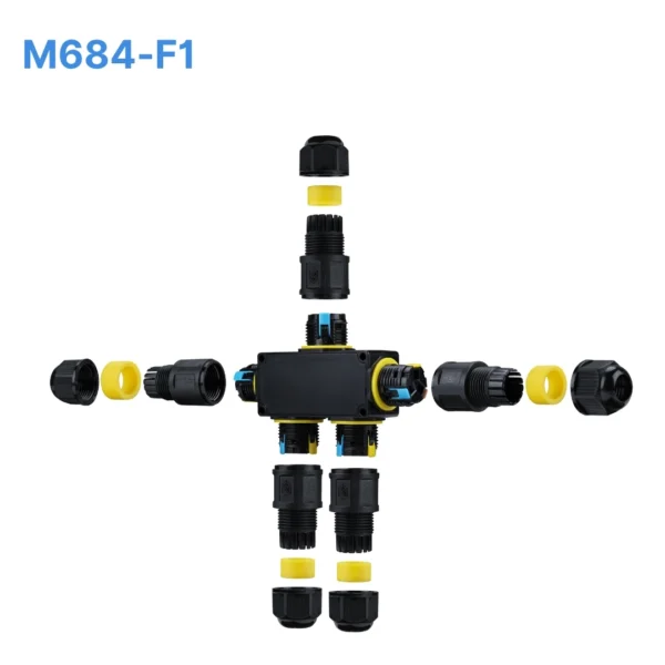 Đầu nối chữ T chống nước M684-F1, 3 PIN 5 đầu chuẩn IP68 dùng cho dây 6-11mm
