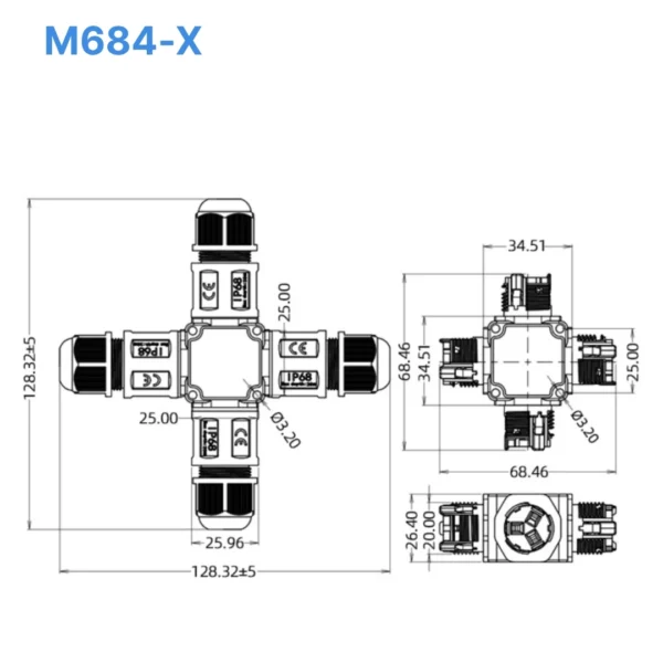Đầu nối chống nước 4 đầu M684-X M20X, 3 PIN chuẩn IP68 dùng cho dây 5-9mm