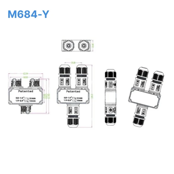 Đầu nối chữ Y chống nước M684-Y, 3 PIN chuẩn IP68 dùng cho dây 6-11mm