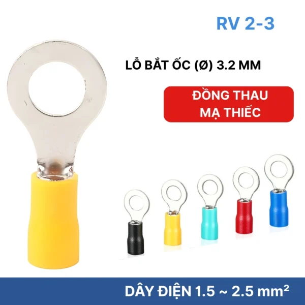 Đầu cos tròn RV 2-3 bọc nhựa PVC, lõi đồng mạ thiếc cho 1.5 ~ 2.5 mm², lỗ 3.2mm