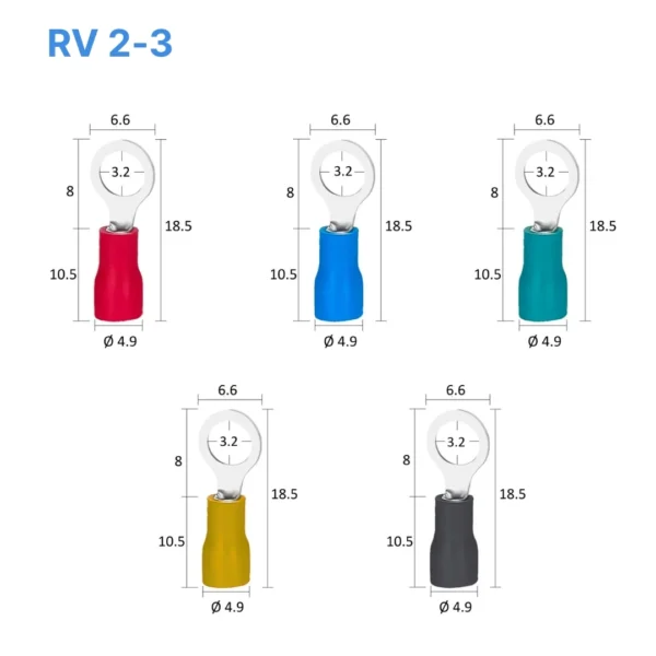 Đầu cos tròn RV 2-3 bọc nhựa PVC, lõi đồng mạ thiếc cho 1.5 ~ 2.5 mm², lỗ 3.2mm