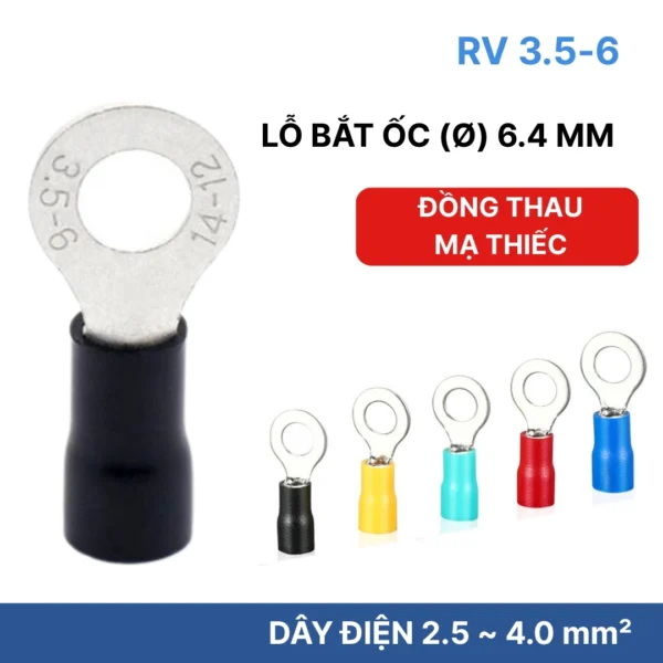Đầu cos tròn RV 3.5-6 bọc nhựa PVC, lõi đồng mạ thiếc cho dây điện 2.5 ~ 4.0 mm², lỗ 6.4mm