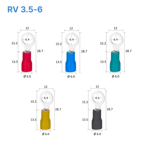 Đầu cos tròn RV 3.5-6 bọc nhựa PVC, lõi đồng mạ thiếc cho dây điện 2.5 ~ 4.0 mm², lỗ 6.4mm