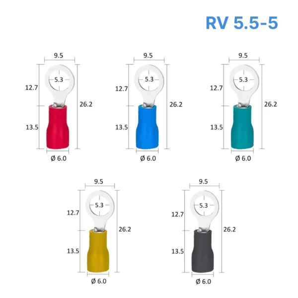 Đầu cos tròn RV 5.5-5 bọc nhựa PVC, lõi đồng mạ thiếc cho dây điện 4.0 ~ 6.0 mm², lỗ 5.3mm