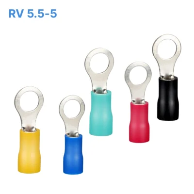Đầu cos tròn RV 5.5-5 bọc nhựa PVC, lõi đồng mạ thiếc cho dây điện 4.0 ~ 6.0 mm², lỗ 5.3mm