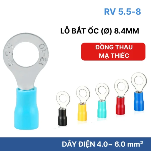 Đầu cos tròn RV 5.5-8 bọc nhựa PVC, lõi đồng mạ thiếc cho dây điện 4.0 ~ 6.0 mm², lỗ 8.4mm