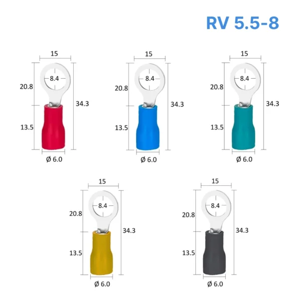 Đầu cos tròn RV 5.5-8 bọc nhựa PVC, lõi đồng mạ thiếc cho dây điện 4.0 ~ 6.0 mm², lỗ 8.4mm