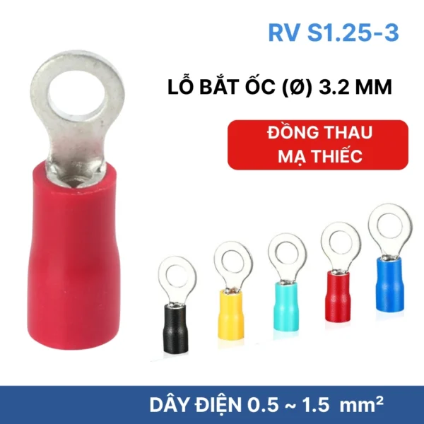 Đầu cos tròn RV S1.25-3 bọc nhựa PVC, lõi đồng mạ thiếc cho dây điện 0.5 ~ 1.5 mm², lỗ 3.2mm