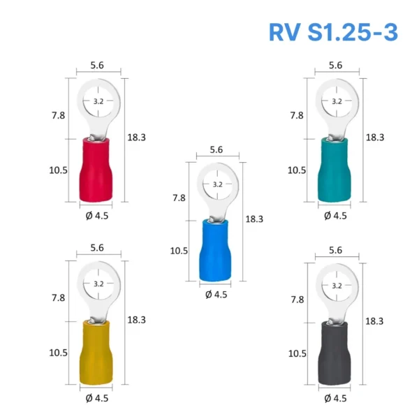Đầu cos tròn RV S1.25-3 bọc nhựa PVC, lõi đồng mạ thiếc cho dây điện 0.5 ~ 1.5 mm², lỗ 3.2mm