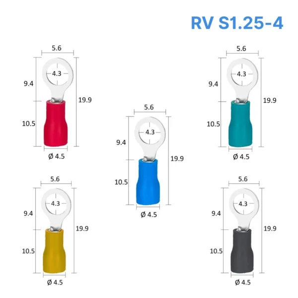Đầu cos tròn RV S1.25-4 bọc nhựa PVC, lõi đồng mạ thiếc cho dây điện 0.5 ~ 1.5 mm², lỗ 4.2mm