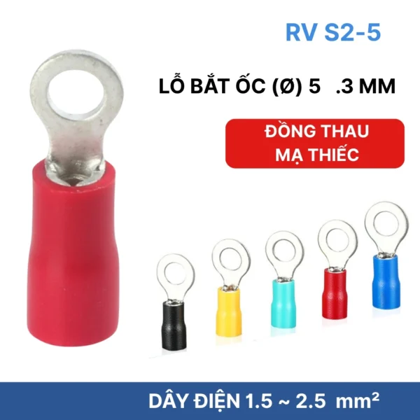 Đầu cos tròn RV S2-5 bọc nhựa PVC, lõi đồng mạ thiếc cho dây điện 1.5 ~ 2.5 mm², lỗ 5.3mm
