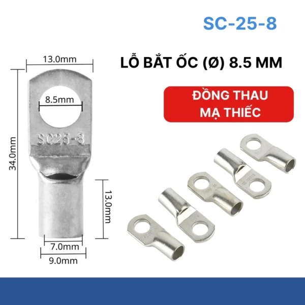 Đầu cos bít đồng SC-25-8 chuyên dùng dây 25mm, lỗ 8.5mm