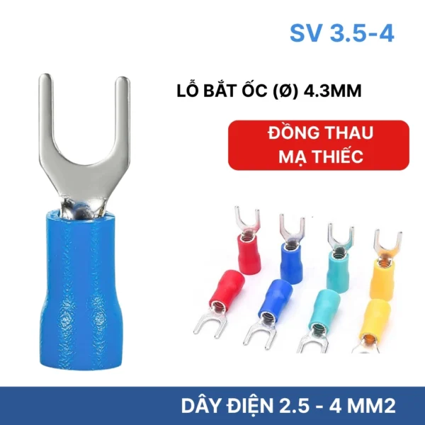 Đầu cos chữ Y SV 3.5-4 bọc nhựa PVC, lõi đồng mạ thiếc cho dây điện 2.5 ~ 4 mm², lỗ 4.3mm