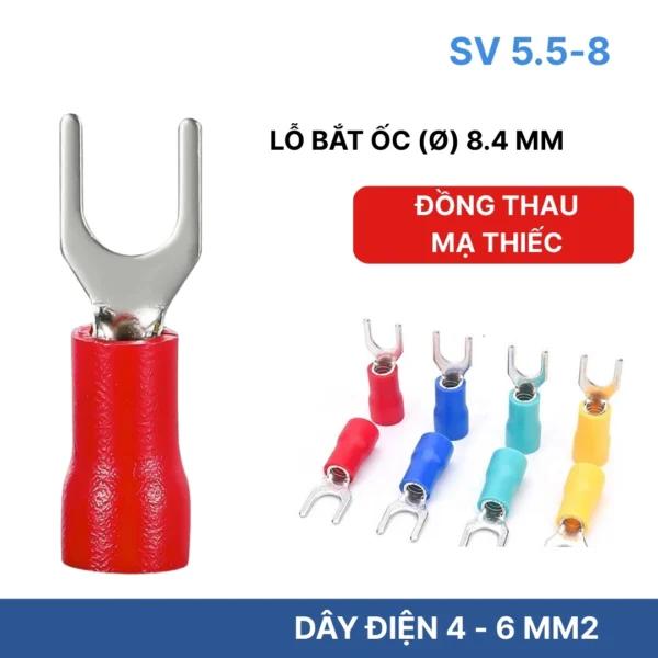 Đầu cos chữ Y SV 5.5-8 bọc nhựa PVC, lõi đồng mạ thiếc cho dây điện 4 ~ 6 mm², lỗ 8.4mm