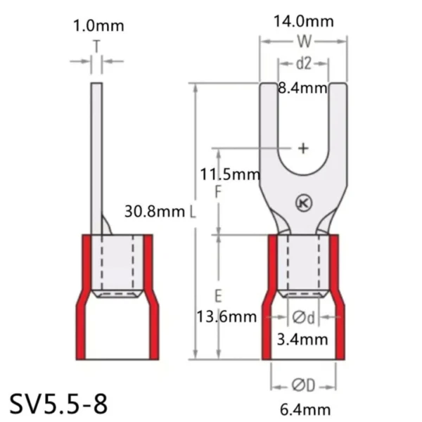 Đầu cos chữ Y SV 5.5-8 bọc nhựa PVC, lõi đồng mạ thiếc cho dây điện 4 ~ 6 mm², lỗ 8.4mm