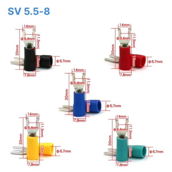Đầu cos chữ Y SV 5.5-8 bọc nhựa PVC, lõi đồng mạ thiếc cho dây điện 4 ~ 6 mm², lỗ 8.4mm