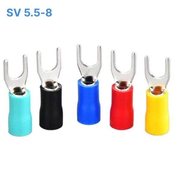 Đầu cos chữ Y SV 5.5-8 bọc nhựa PVC, lõi đồng mạ thiếc cho dây điện 4 ~ 6 mm², lỗ 8.4mm