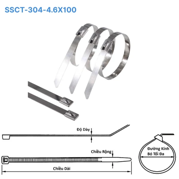 Dây rút inox 304 tự khóa bản 4.6×100 mm