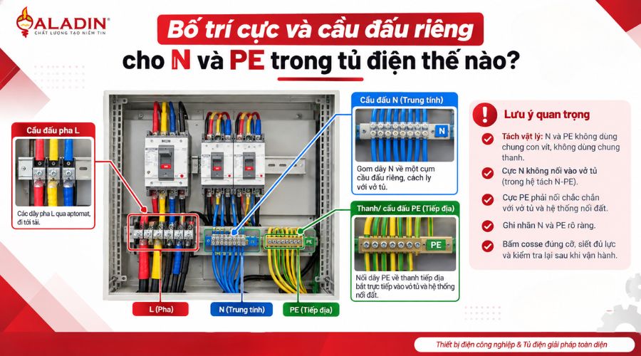 Cụm N được cách ly với vỏ tủ, trong khi PE liên kết với hệ thống nối đất