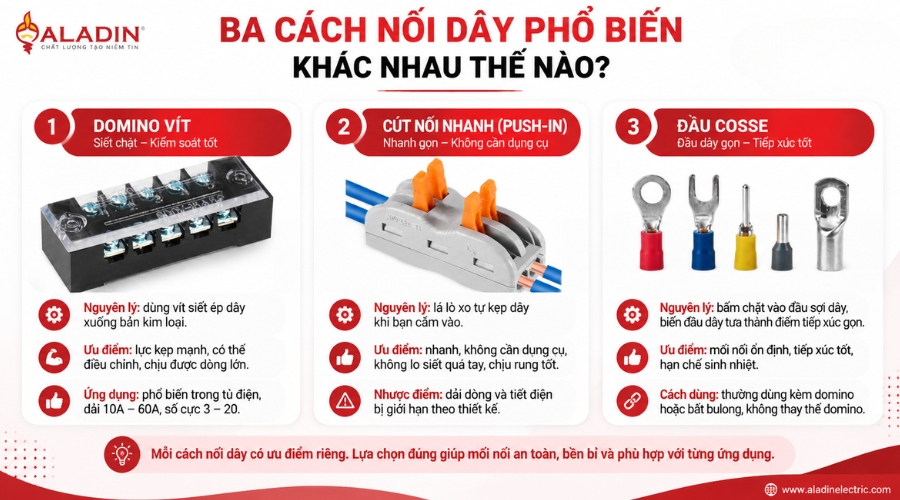 Domino vít, cút nối nhanh và đầu cosse khác nhau về nguyên lý đấu nối