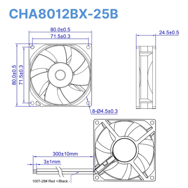 Bảng vẽ kỹ thuật quạt tủ điện DC 12V Mean Well CHA8012BX-25B 80x80x25mm