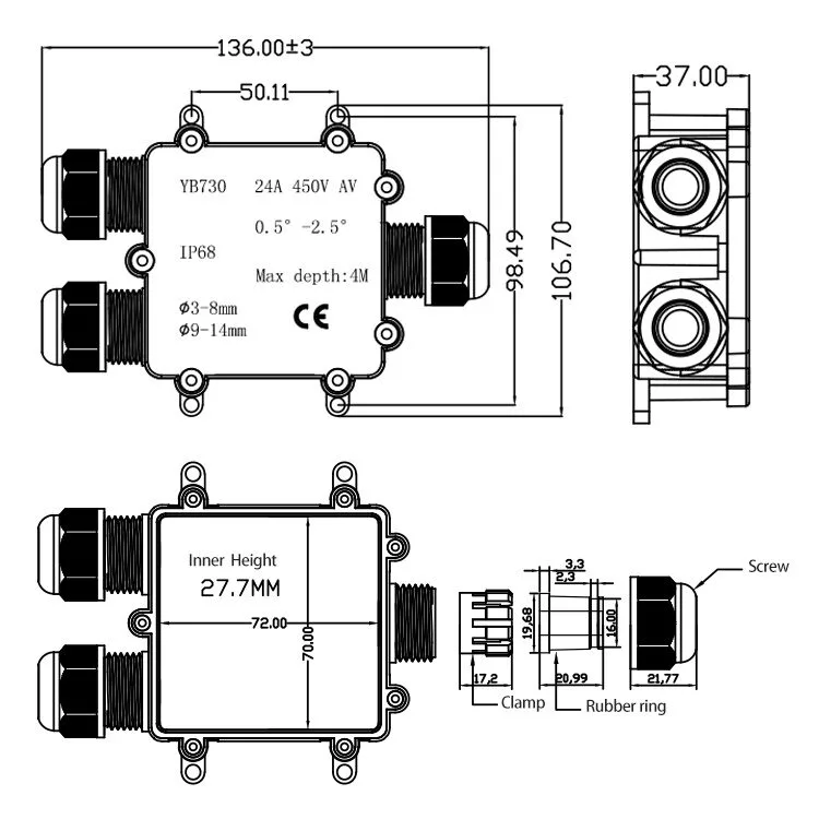 Bản vẽ kích thước hộp nối chống nước 3 ngả YB730